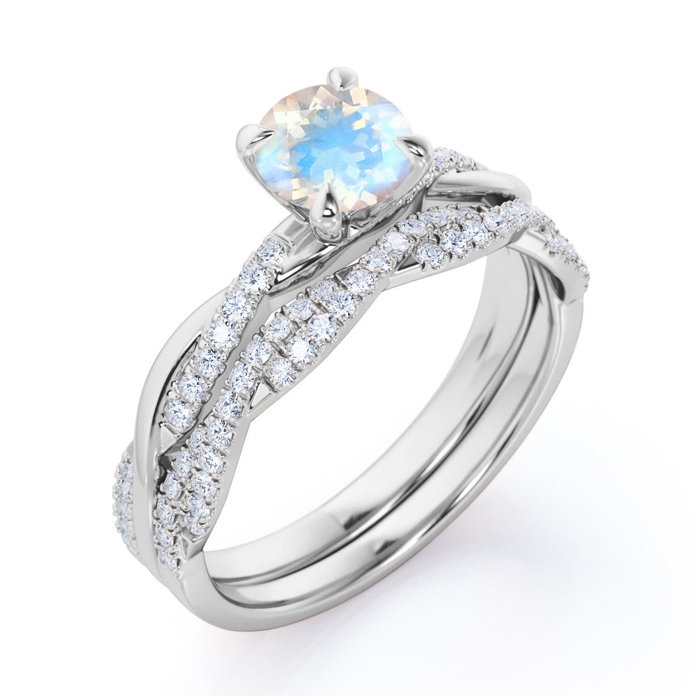 Twisted infinity 1.5 carat Round cut Prong setting Moonstone and diamond Wedding ring set for women in gold