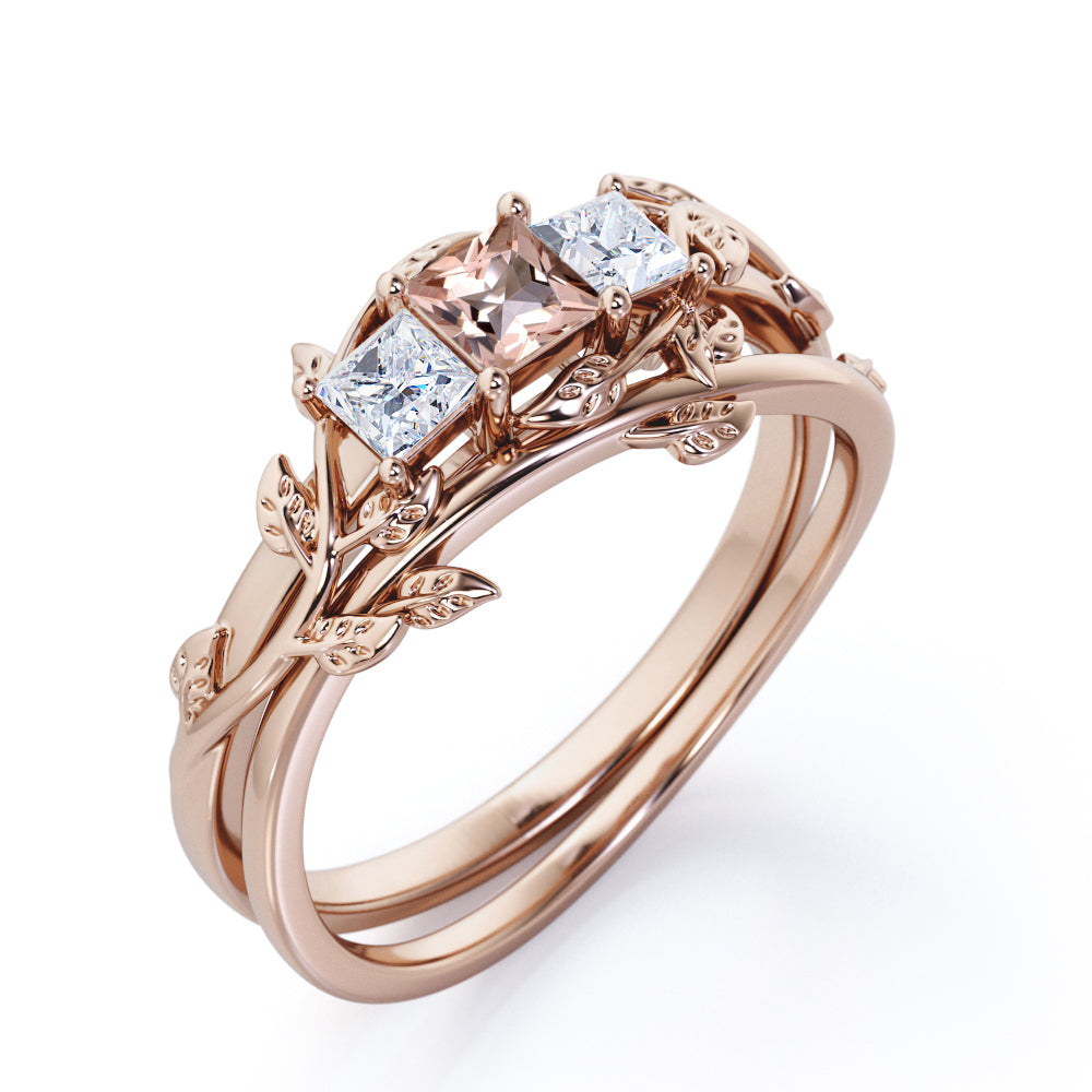 Past, Present, Future 1.1 carat Princess cut Morganite and diamond earthy engagement ring set in White gold-Bridal set