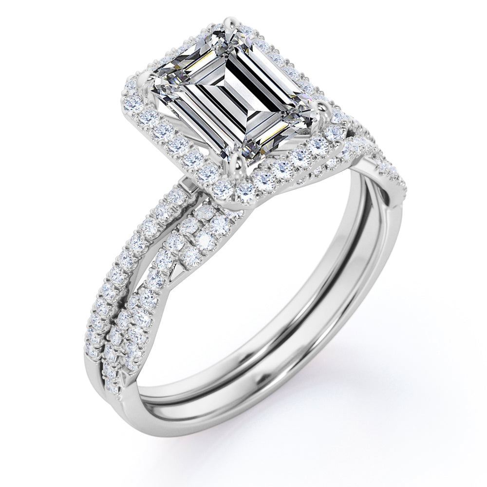 Unique pave set 1.7 carat Emerald cut Moissanite and diamond Halo wedding ring set in white gold