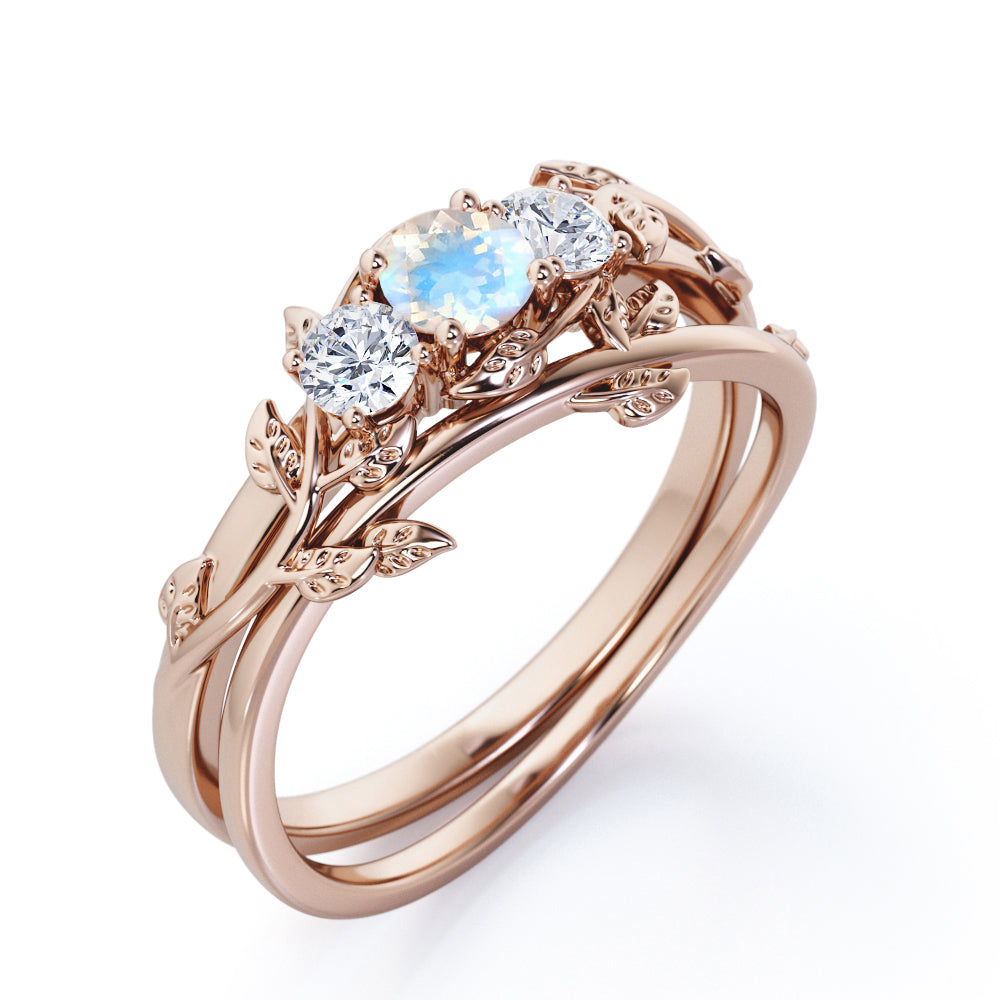 Nature inspired Round cut 0.65 carat Moonstone and diamond Trio stone Bridal ring set for women in gold