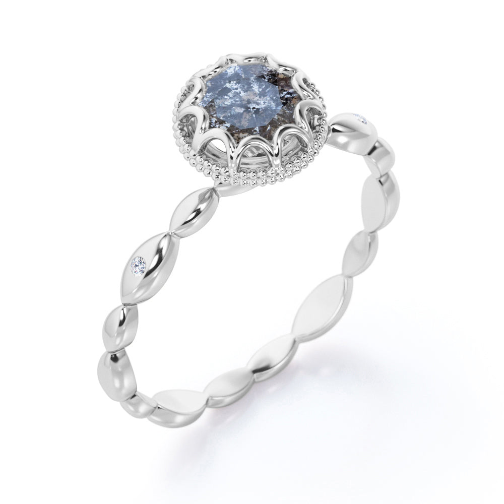Scalloped Bead décor 0.5 carat Round cut Salt and pepper diamond marquise style engagement ring in Black gold