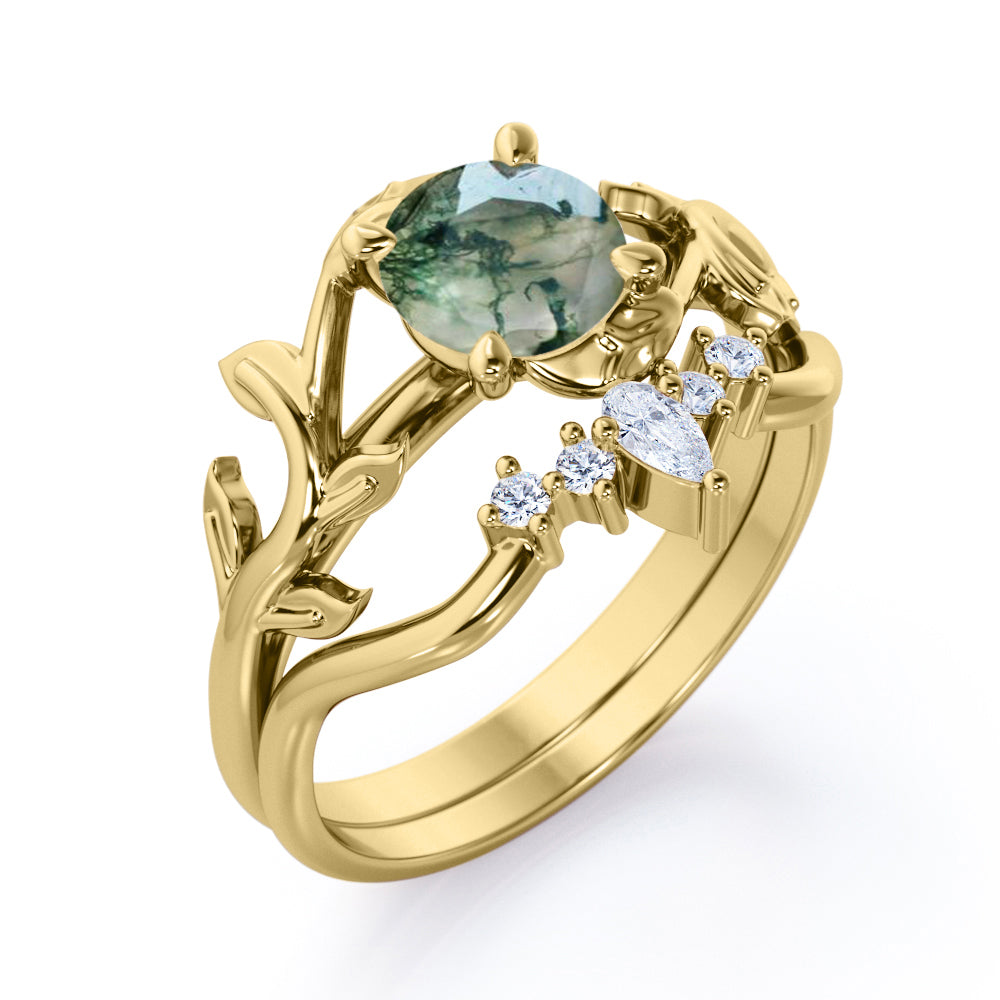 Earthy Tiara style 1.2 carat Round cut Moss Green Agate and diamond nature inspired wedding ring set in Rose gold