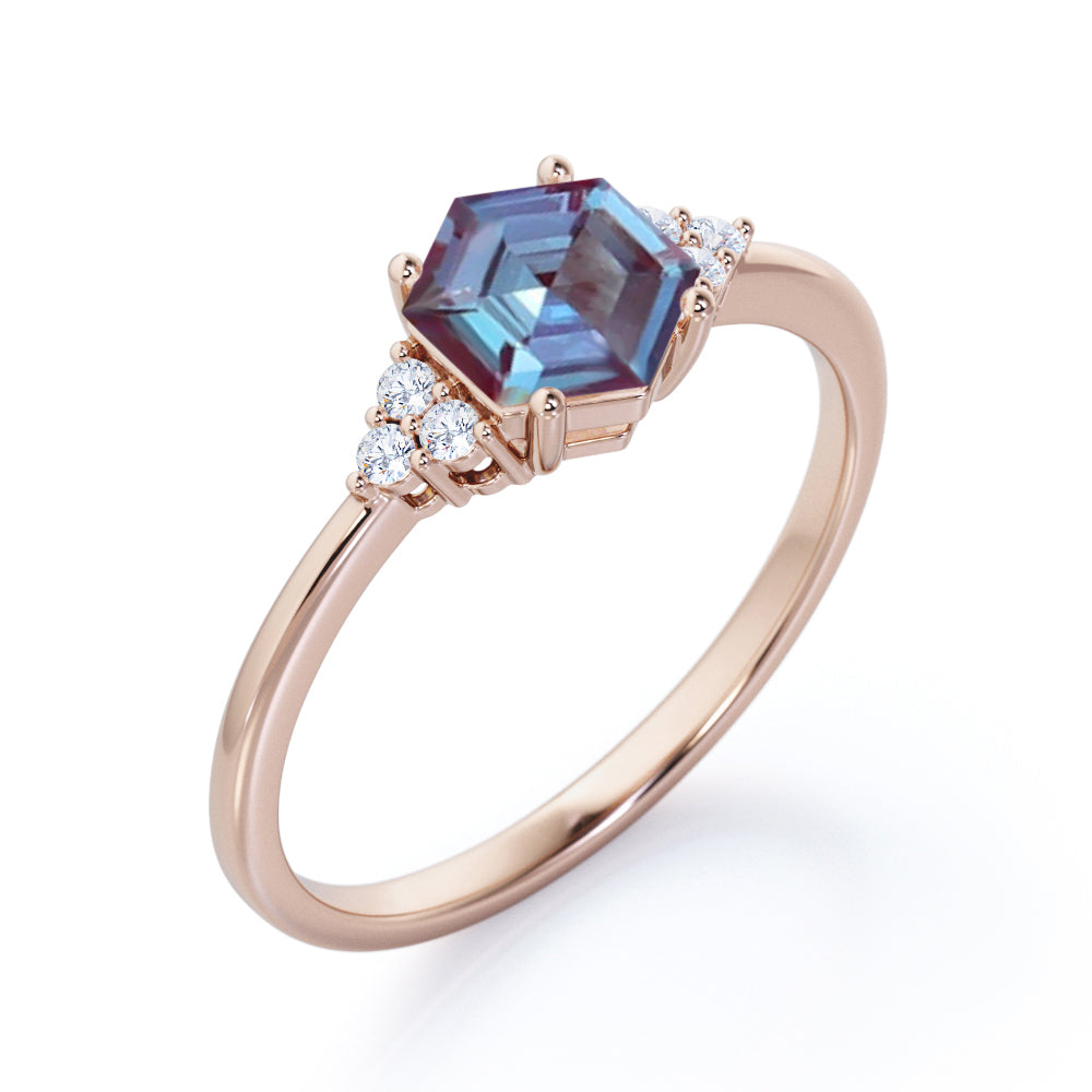 Quadrilateral Prong 0.55 carat Alexandrite and diamond seven stone engagement ring in Black gold