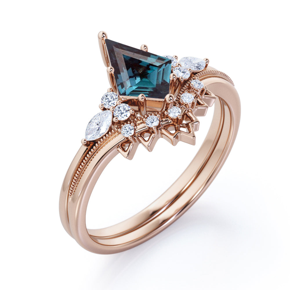 Chevron Milgrain 1.15 carat Kite shaped Lab made Alexandrite and diamond seven stone wedding ring set for women in Black gold