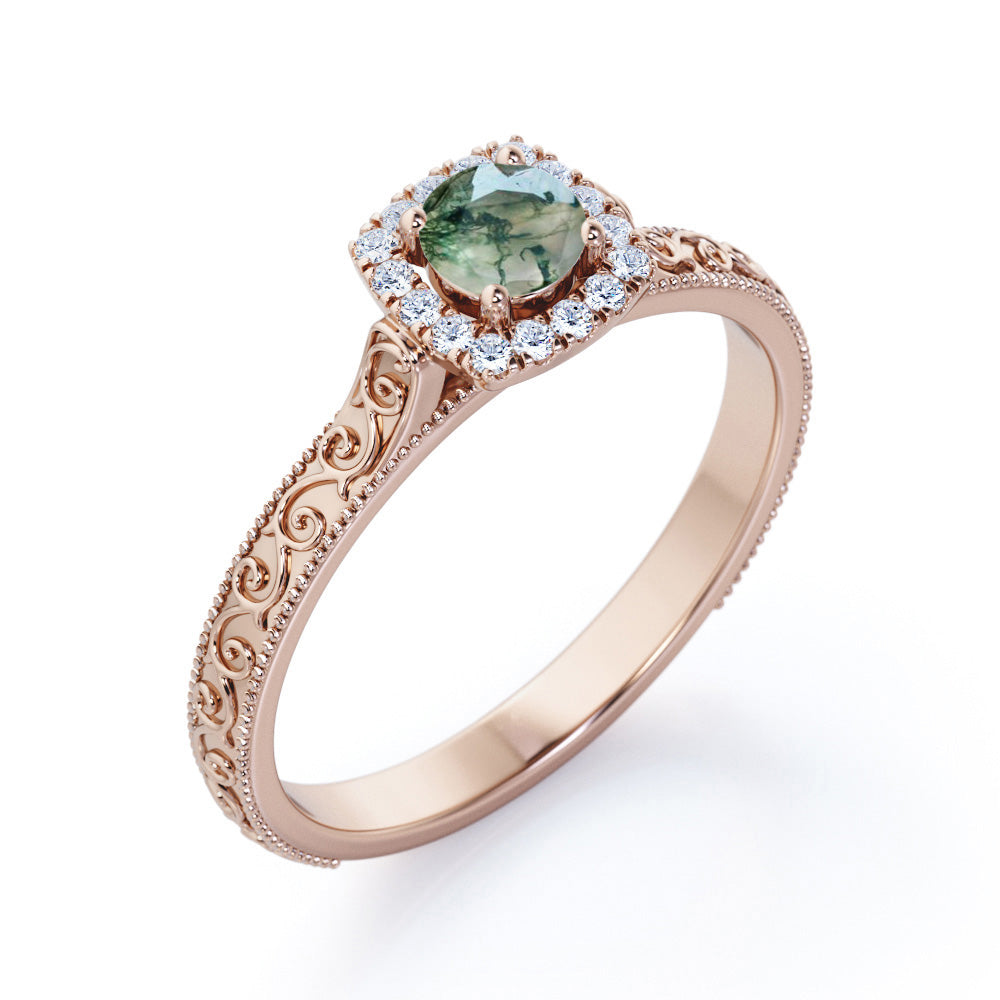 Vintage Victorian style 0.7 carat Round cut Moss green Agate and diamond milgrain halo engagement ring in White gold