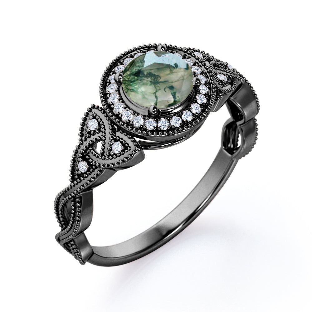 1.5 carat Round cut floral rope design Moss Green Agate and diamond halo engagement ring in Rose gold