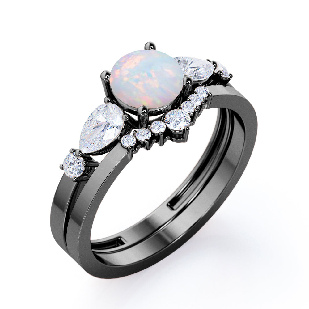 Tiara style 1.4 carat Round cut Opal and diamond beveled shank ring in White gold- Engagement ring for women