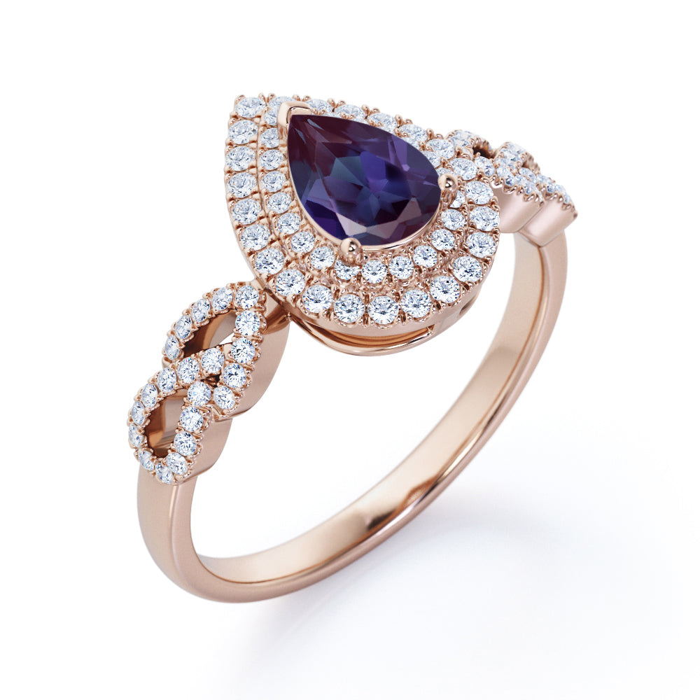 Floral leaf inspired 1.75 carat Pear cut Lab created Alexandrite and diamond double halo engagement ring in White gold