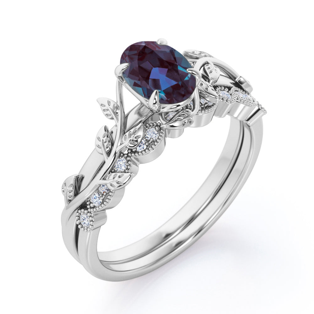Unique Solitaire 1.25 carat Oval cut lab made Alexandrite and diamond art deco Milgrain wedding ring set in White gold