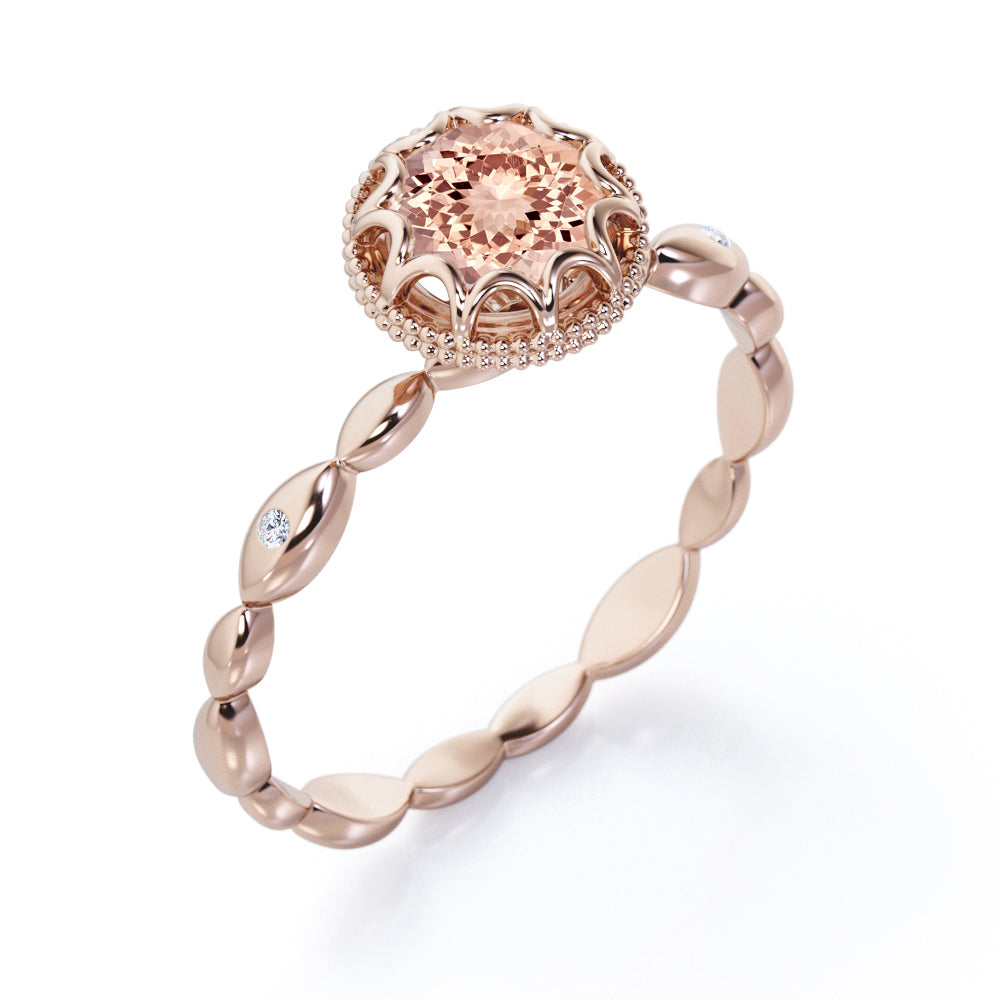 Floral Halo 1 carat Round cut Morganite and diamond scalloped Milgrain engagement ring in Black gold