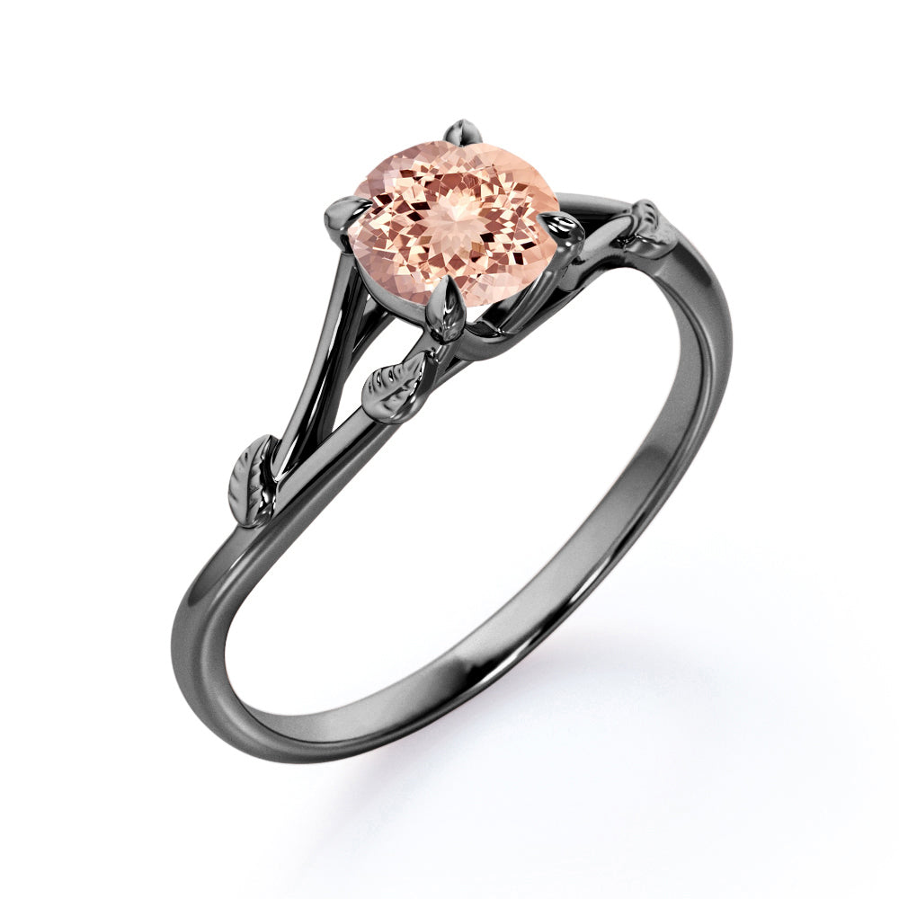 Vine and Leaf Shank 1 carat Round cut Morganite vintage earthy engagement ring in Rose gold
