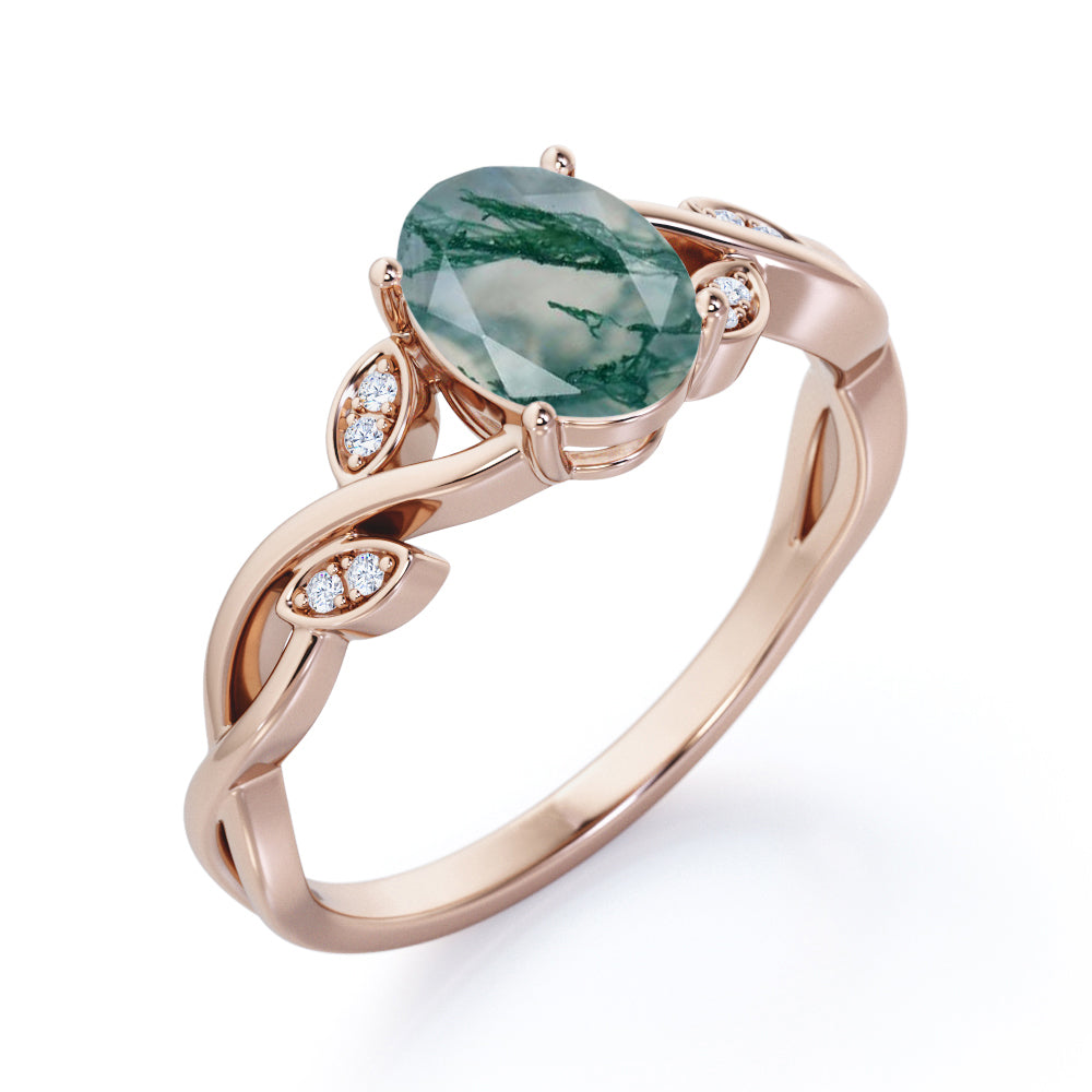 Floral Infinity 1.15 carat Oval cut Moss Green Agate and diamond vine and leaf engagement ring in White gold