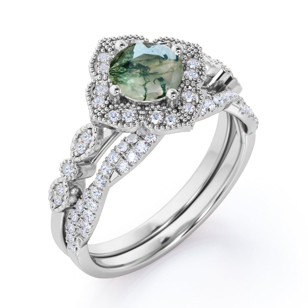 Cluster Flower style 1.55 carat Round cut Moss Green Agate Milgrain Engagement ring with Infinity diamond wedding band for women - Wedding ring set