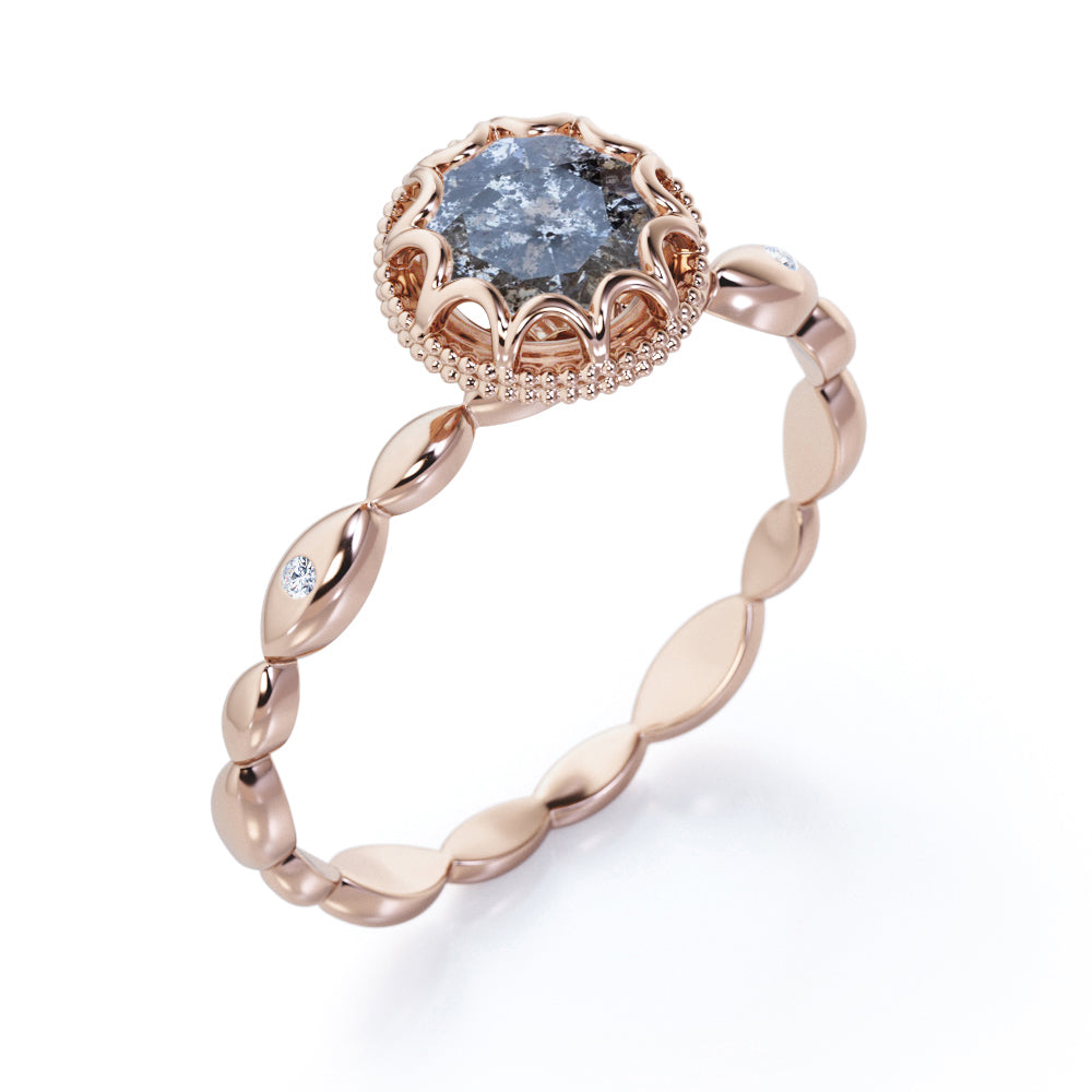 Scalloped Bead décor 0.5 carat Round cut Salt and pepper diamond marquise style engagement ring in Black gold