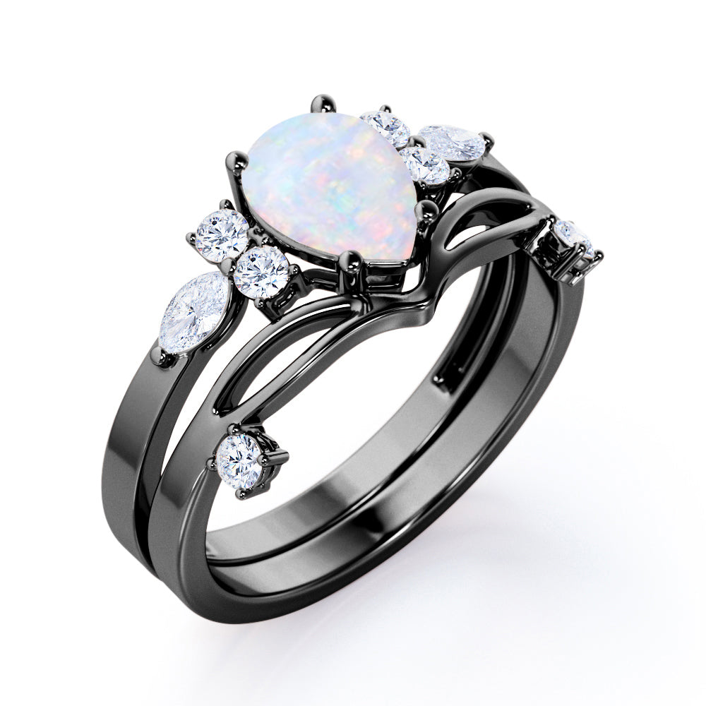 Mid century-Modern inspired 1.35 carat Pear cut Opal and diamond vintage art deco bridal set for her in White gold