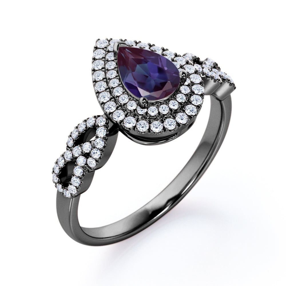 Floral leaf inspired 1.75 carat Pear cut Lab created Alexandrite and diamond double halo engagement ring in White gold