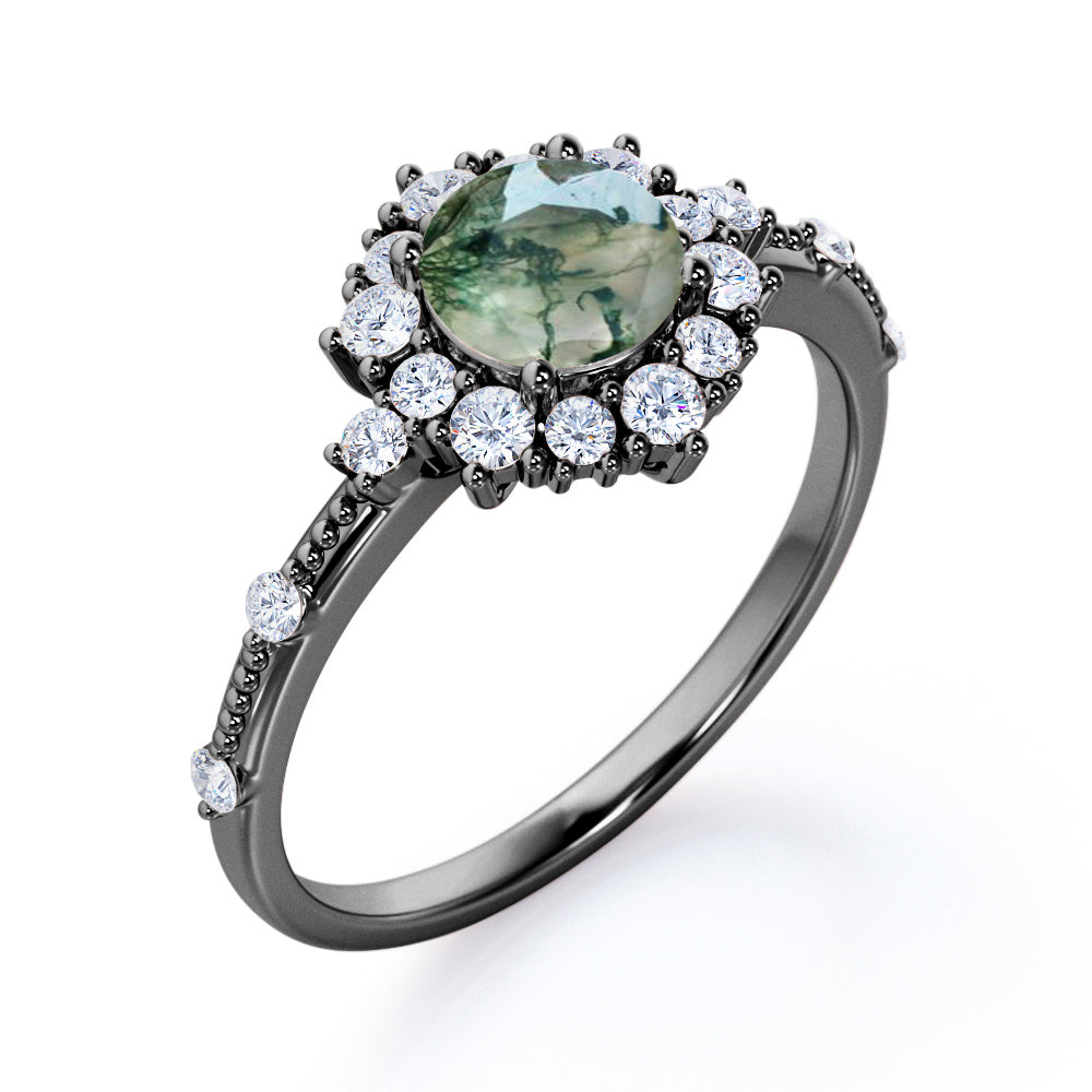 Engraved Vintage 1.25 carat Round cut Moss Green Agate and diamond Edwardian art deco engagement ring in Rose gold