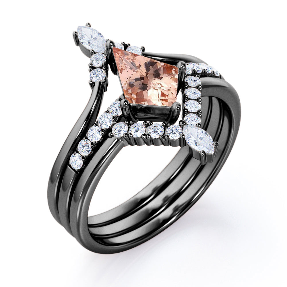 V-shaped Chevron 1.5 carat Kite shaped Morganite and diamond art deco wedding ring set in Rose gold