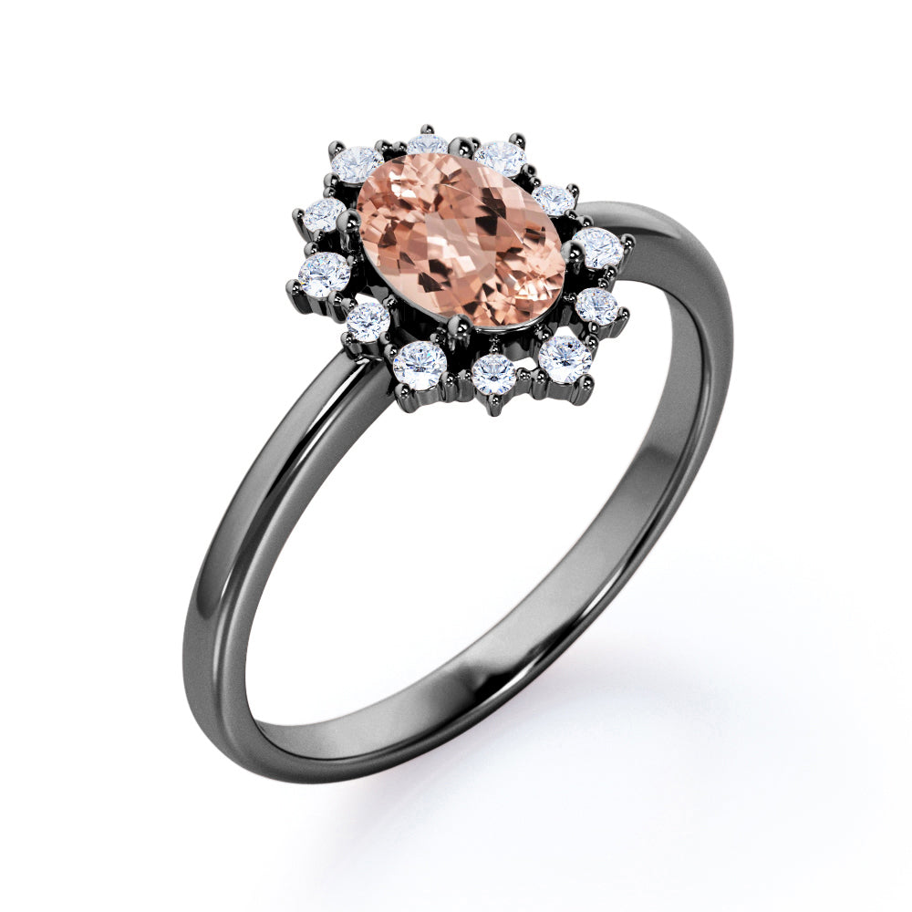 Snowflake Cluster 1.25 carat Oval Morganite and diamond prong style engagement ring in White gold