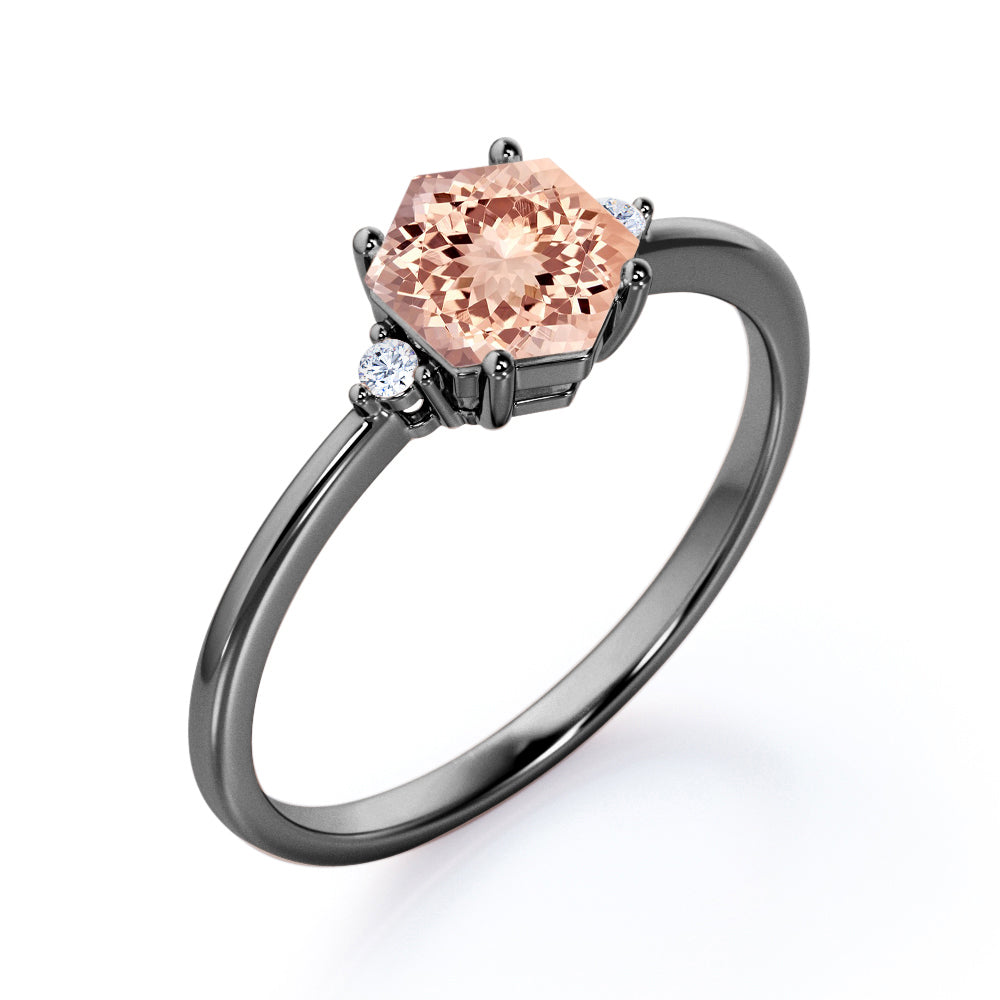 Asymmetrical Trilogy 0.55 carat Hexagon Morganite and diamond 3 stone engagement ring in Rose gold