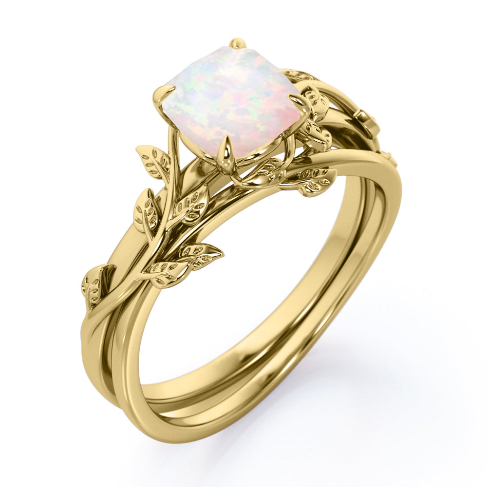 Unique 1 carat Cushion cut Fire Opal Nature-themed Bridal ring set in White gold