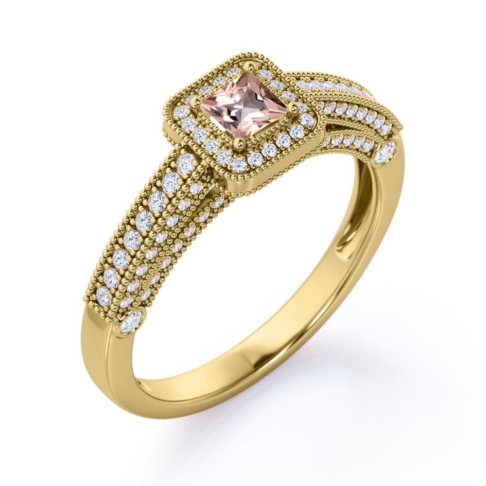 Vintage Beaded 1 carat Princess cut Morganite and diamond engagement ring for women in White gold