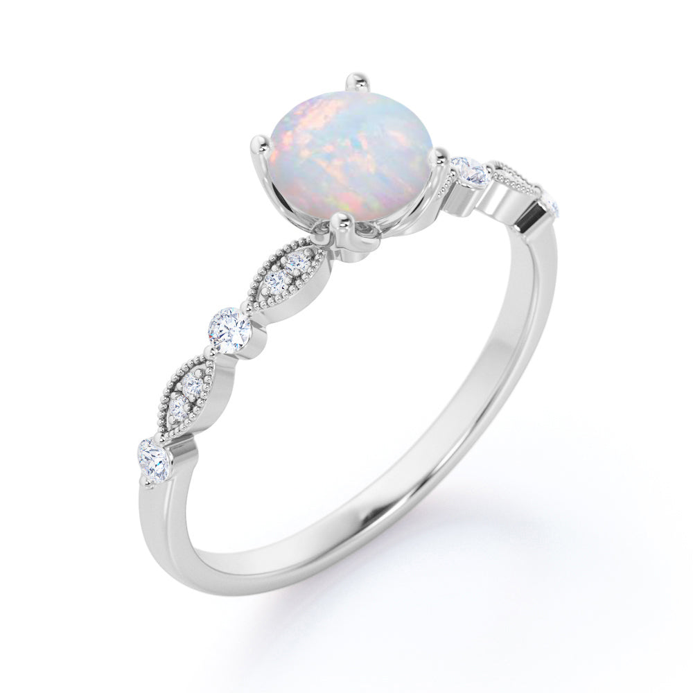 Classic Cathedral set 1.1 carat Round cut Opal and diamond milgrain marquise and dot engagement ring in Rose gold