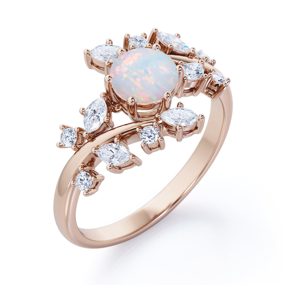 Nature style 1.25 carat Round cut Ethiopian Opal and diamond earthy engagement ring in Black gold