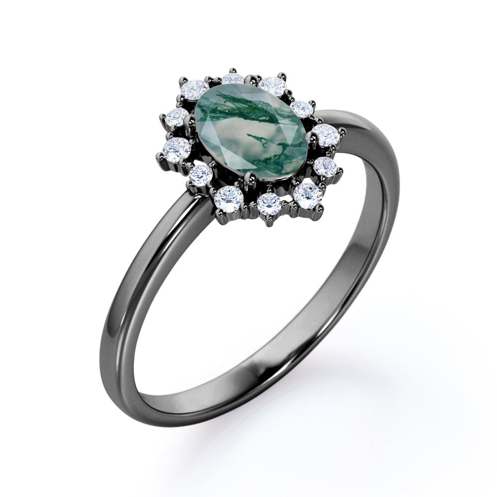 Snowflake Cluster 1.2 carat Oval shaped Moss Green Agate and diamond halo engagement ring in Rose gold