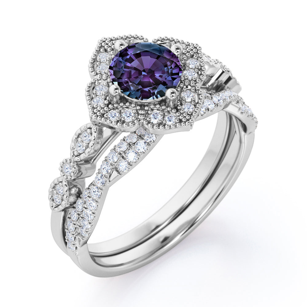 Vintage Floral Halo 1.75 carat round cut Lab created Alexandrite and infinity diamond milgrain wedding ring set in White gold
