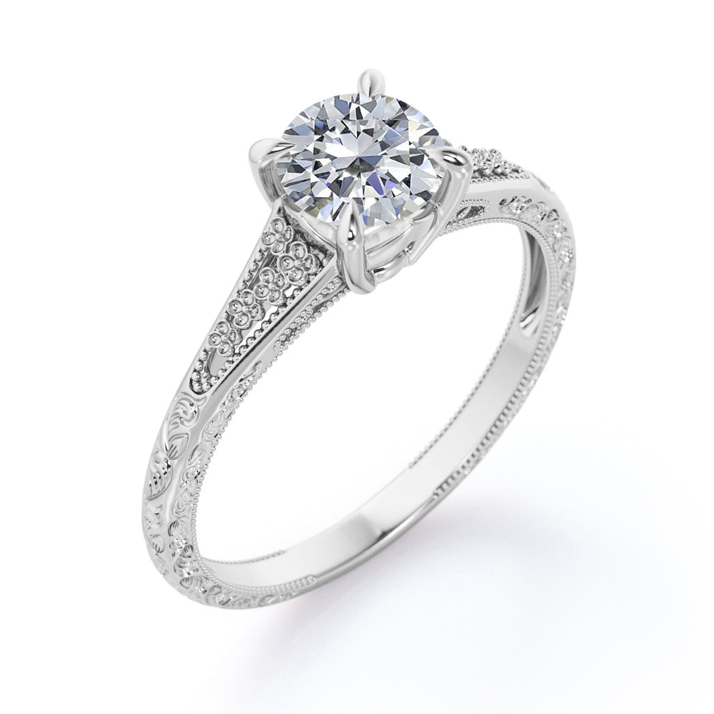Floral art inspired 1 carat Round cut Moissanite split shank engagement ring in Rose gold