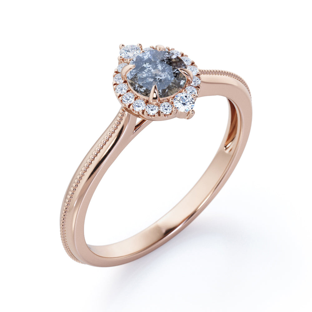 Milgrain Edge 0.55 carat round cut salt and pepper diamond and White diamond artistic halo wedding ring set in White gold