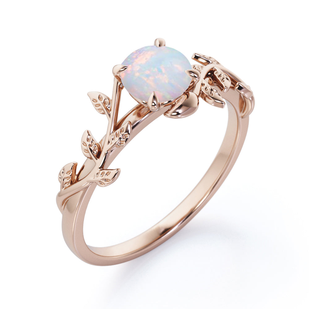 Classic nature inspired 1 carat Round cut Australian Opal vine and leaf engagement ring in White gold