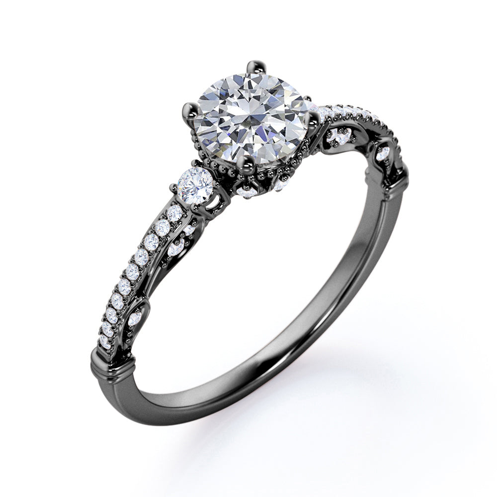 Triple stone 1.35 carat Round cut Moissanite and diamond art deco inspired engagement ring in Rose gold