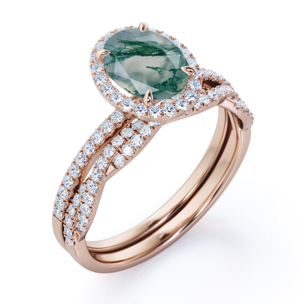 Infinity Halo 1.75 carat Oval cut Moss Green Agate and diamond Antique Bridal Wedding ring set for women in gold
