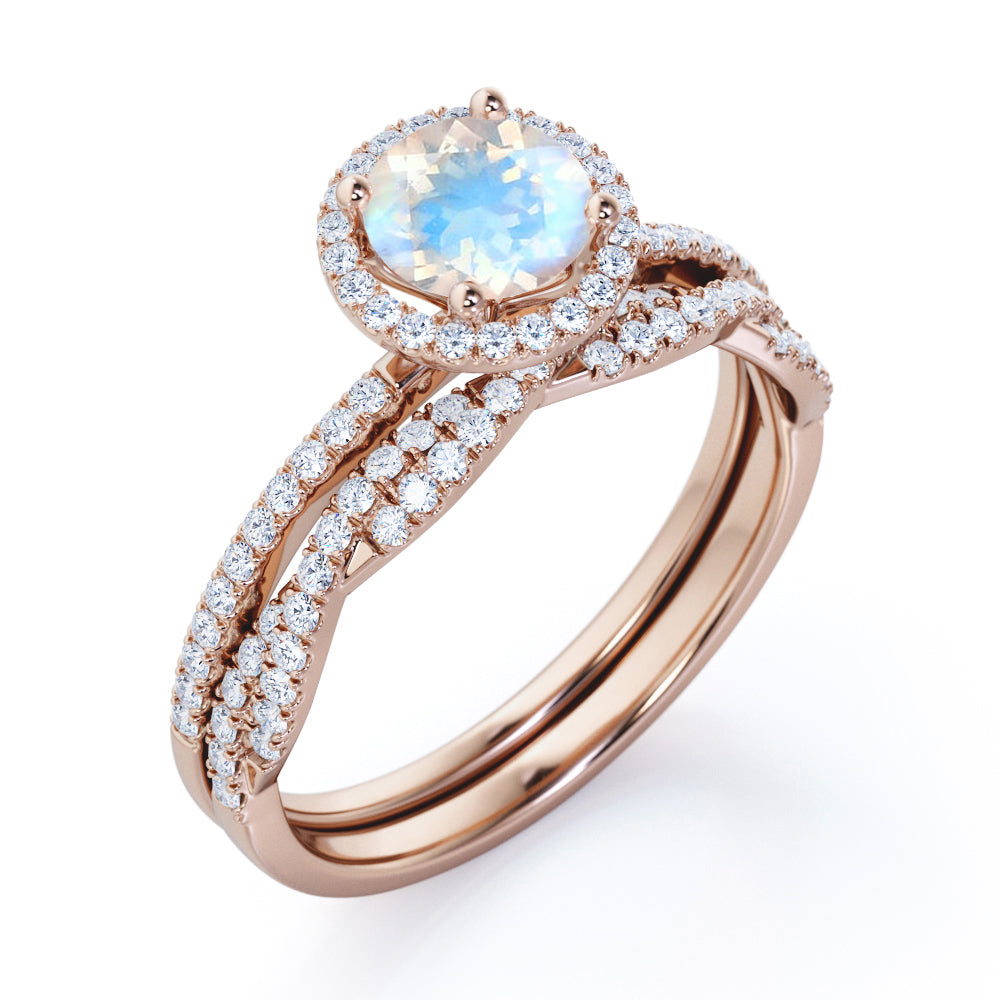 Unique Halo 1.7 carat Round cut Moonstone and diamond Vintage art deco Bridal set for her