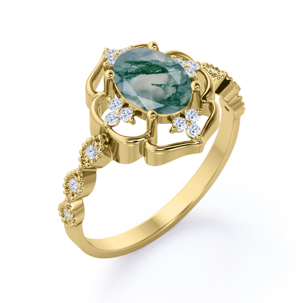 Eccentric Halo 1.25 carat Oval cut Moss Green Agate and diamond floral inspired engagement ring in White gold