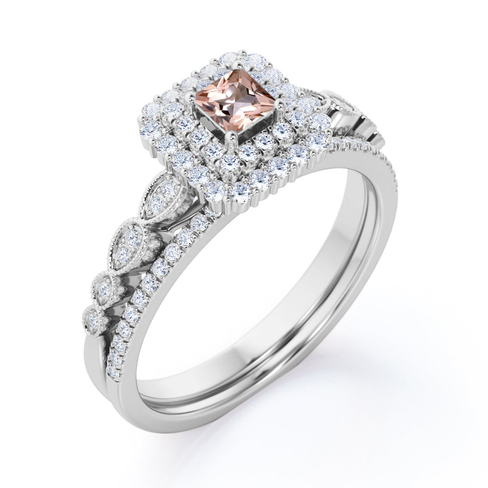 Intricate Double Halo 1.5 carat Princess cut Morganite and diamond Milgrain pave engagement ring set for women in yellow gold