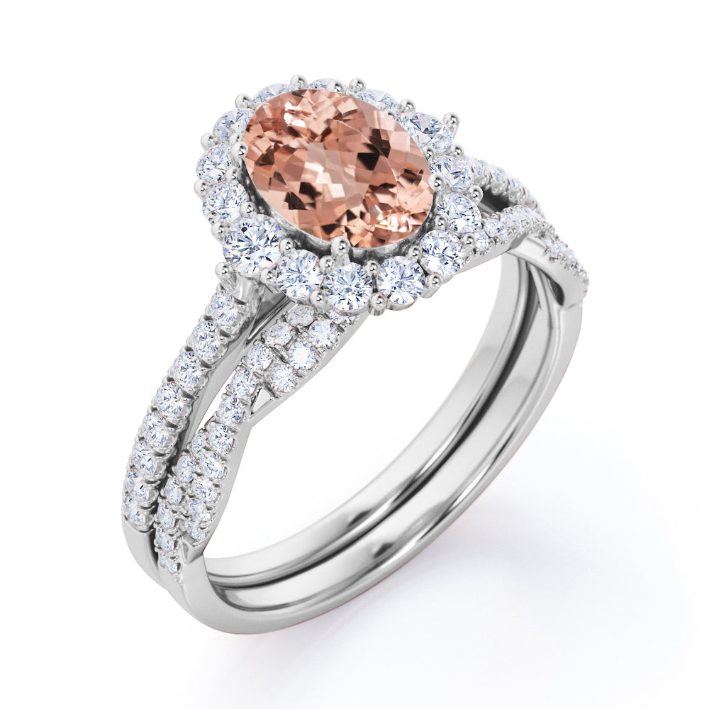 Cluster Halo 1.75 carat Oval cut Morganite and pave diamond - shared prong setting - half-infinity wedding ring set for women in White gold