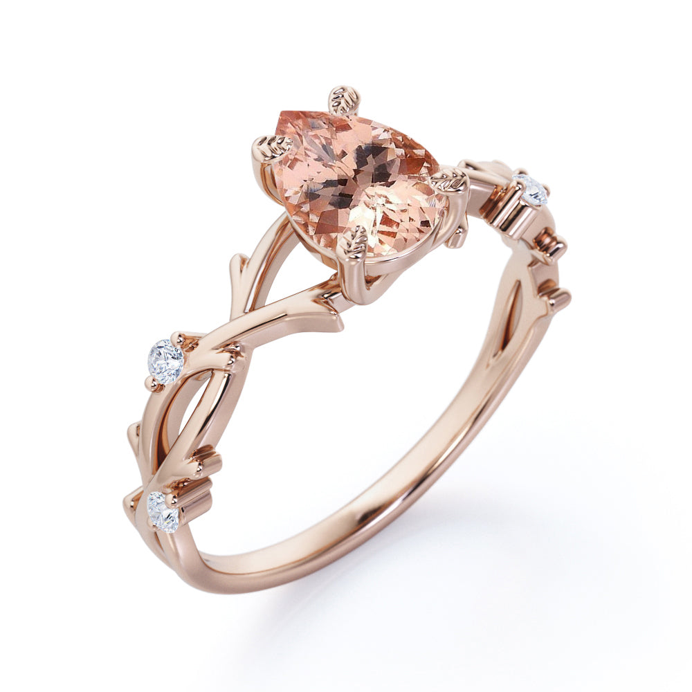 Delicate Twig and Vine 1.1 carat Pear Shaped Morganite and diamond forest ring-earthy engagement ring in White gold