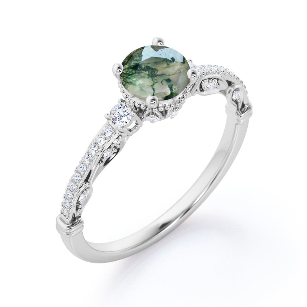 Vintage Bead décor 1.4 carat Round cut Moss Agate and diamond-pave filigree-three stone engagement ring in Black gold