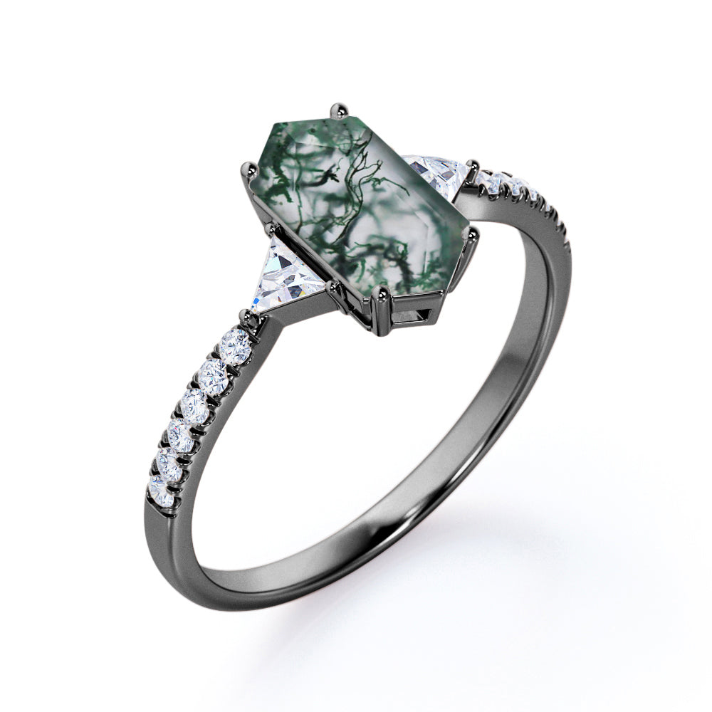 Modern Trillion 1.25 carat Hexagon shaped Moss Green Agate and diamond eternity style engagement ring in Rose gold