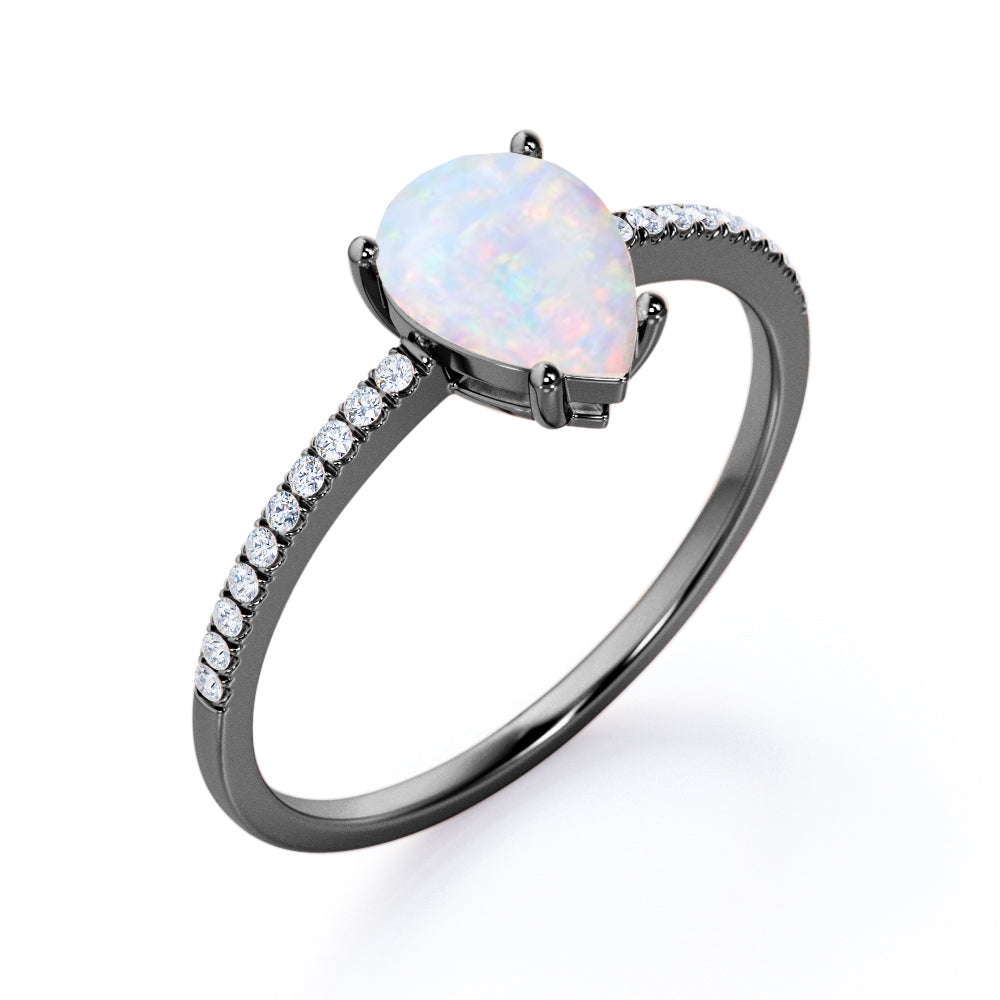 Classic Pave 1.20 carat Pear cut Opal and diamond vintage style engagement ring in Black gold
