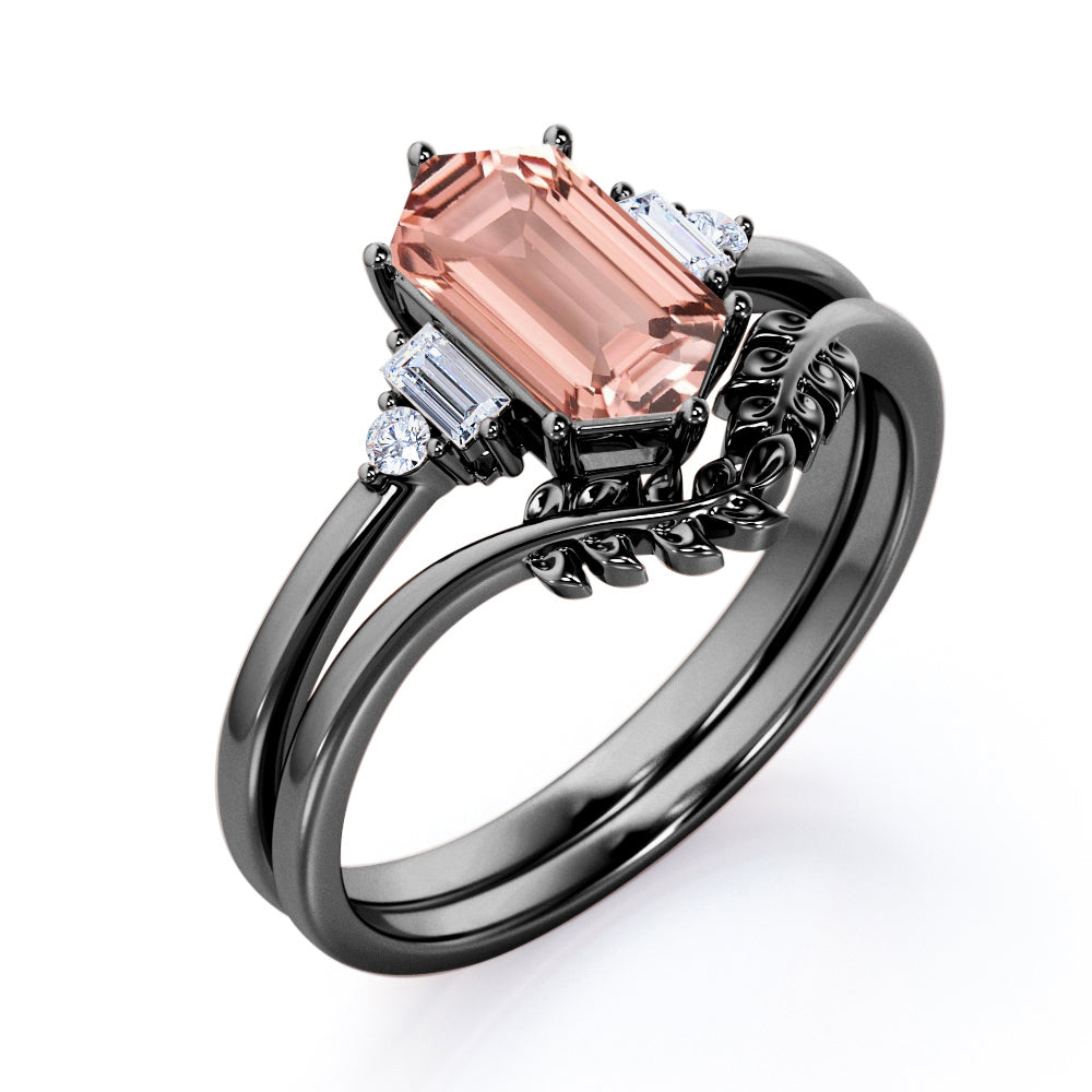 Floral Chevron 1.1 carat Hexagon Morganite and diamond Bridal set for women in Rose gold