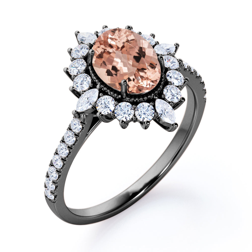 Clustered Antique Halo 1.5 carat Oval Morganite and diamond snowflake engagement ring in Rose gold