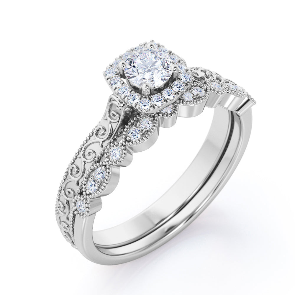 Art deco Filigree 0.75 carat Round cut Moissanite and diamond milgrain and halo Bridal set in Rose gold