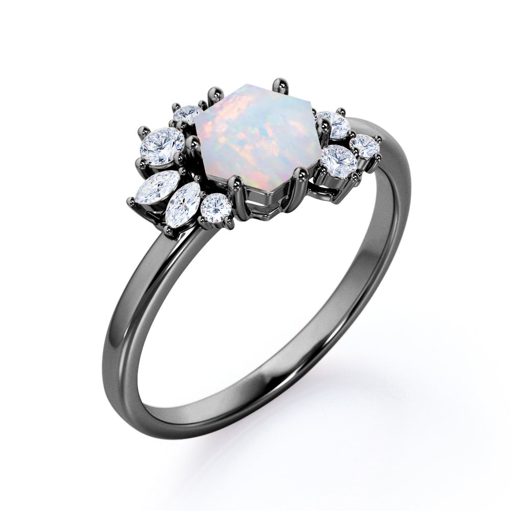 Artistic modern 1.2 carat Hexagon shape Ethiopian Opal and diamond Bridal set for women in White gold
