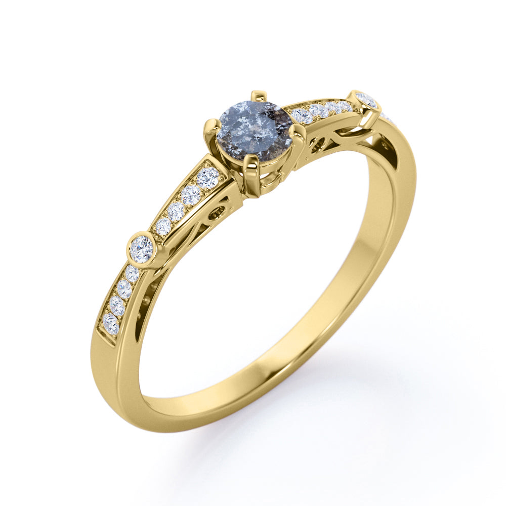 Baguette bands 0.65 carat Round cut Salt and pepper diamond and White diamond tapered style engagement ring in White gold