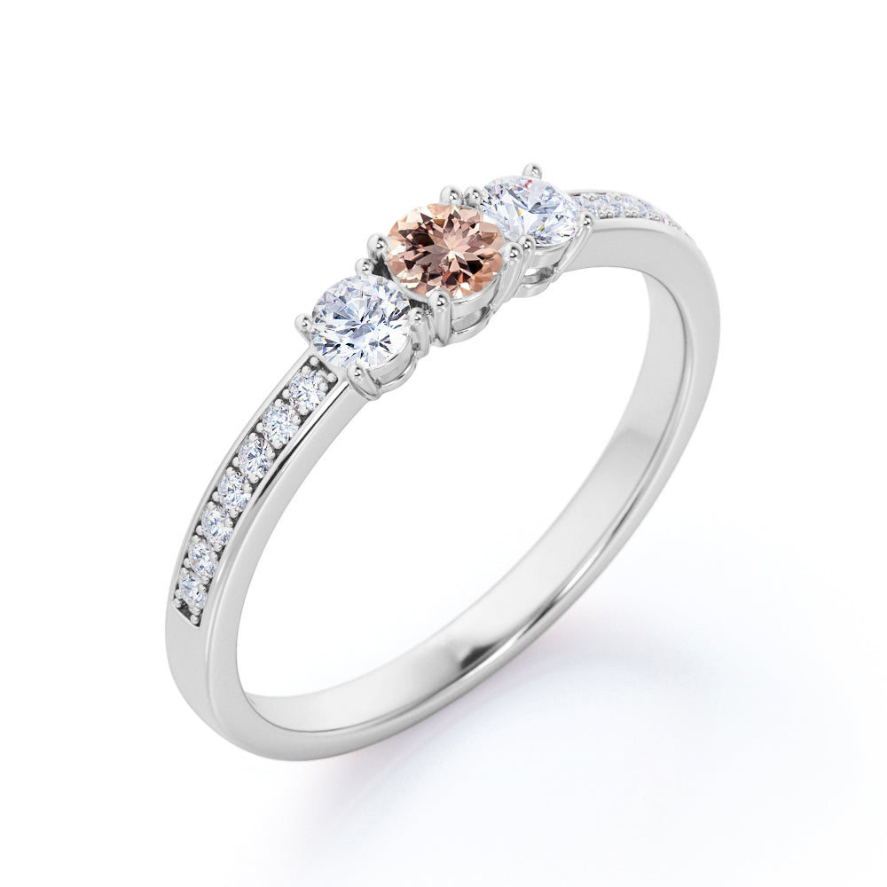 Classic three stone 0.75 carat Round cut Pink Morganite and diamond art deco channel engagement ring for her in Rose gold