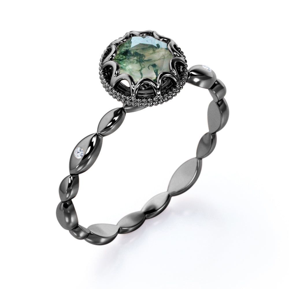 Exquisite infinity rope design 1 carat Round cut Moss Green Agate Scalloped halo engagement ring in White gold